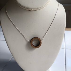 NWT Laser cut wood pendant, circle, with delicate silver chain necklace
